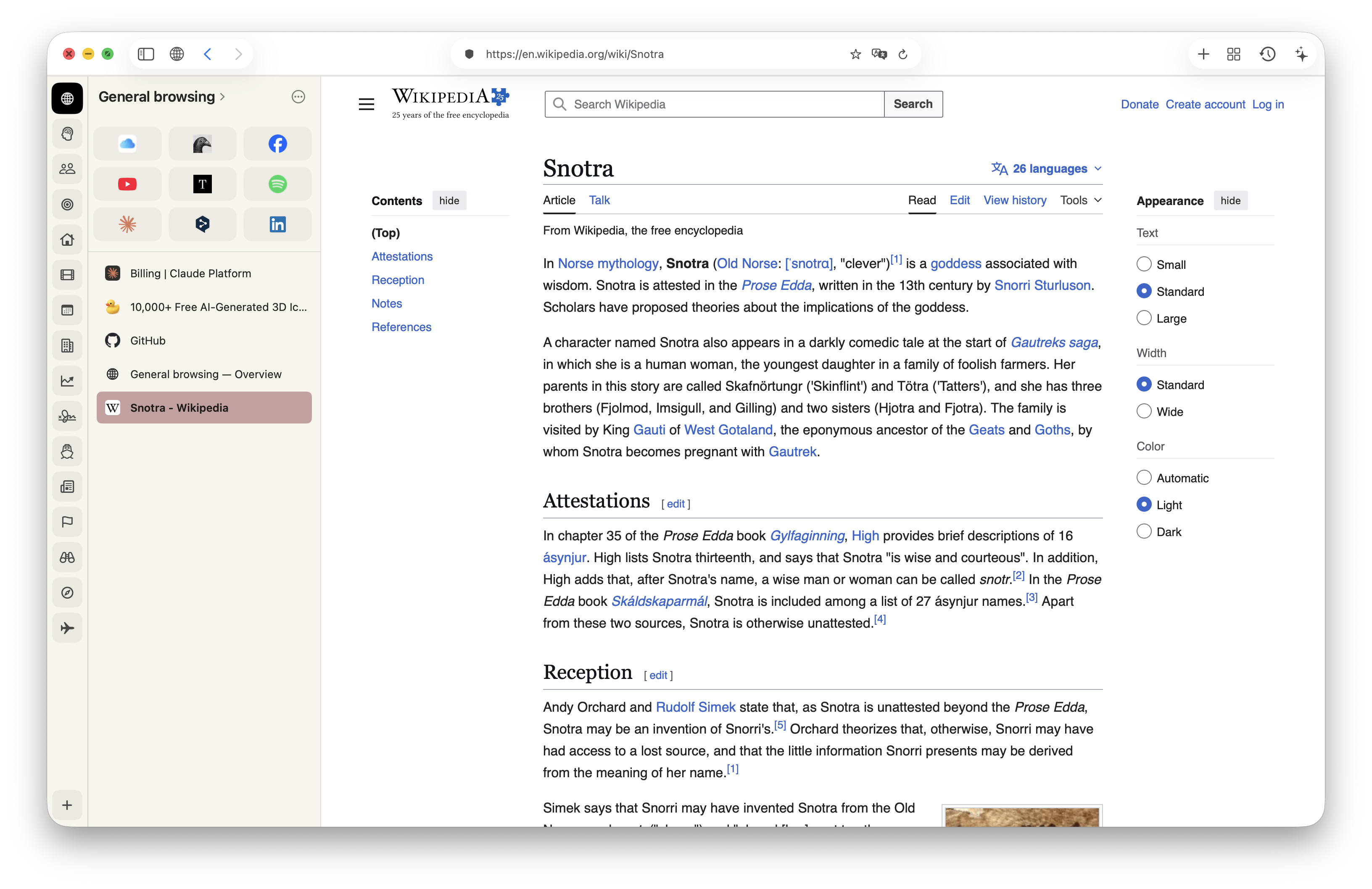 Snotra browser on Mac with vertical tabs, address bar, and a web page